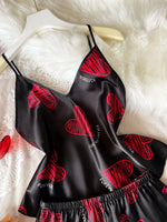 Women Heart Letter Print 2 Piece Pajama Set V Neck Spaghetti Strap Cami Top Elastic Waist Shorts Sweet Fashion Ladies Sleepwear