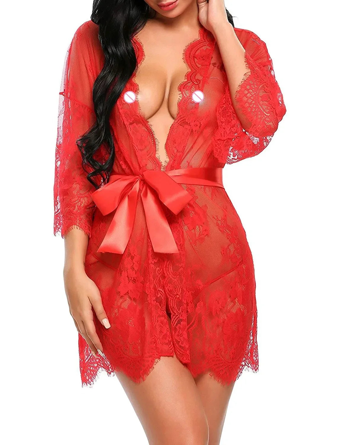 See Through Lace Babydoll Women Sexy Lingerie Erotic Transparent V-Neck Nightwear Robe G-string Robe Sleepwear Dress