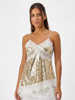 Women Sequin Camisole Tops Spaghetti Strap V Neck Lace Trim Loose Fit Tank Tops Summer Daily Casual Elegant Vest Streetwear