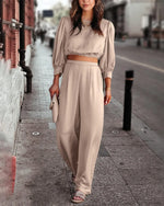 Women's 2 Piece Lounge Set Satin Outfits Fall Casual Long Puff Sleeve Crop Tops Loose Wide Long Pants