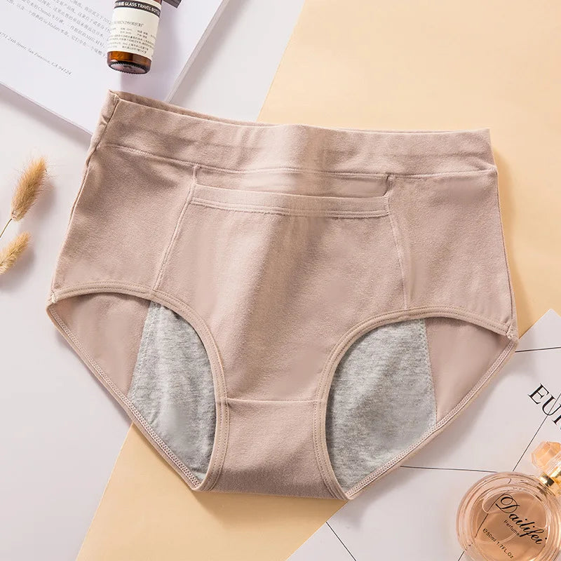 Women's High Waist Cotton Menstrual Panties Breathable Leak-Proof Culottes Safety Hygiene Briefs for Menstrual Comfort