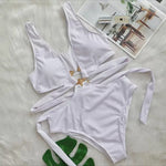 4 Colors New Sexy One Piece Swimsuit Swimwear Women Deep V-neck Hollow High Waist One-piece Bathing Suit Beachwear Metal Hoop