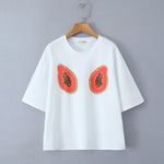 Foridol Papaya Print Fruit T-shirt Women Summer Loose Casual Shirts Blusa Half Sleeve White Spring Summer Shirt 2025 Blouse