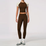 Nake Yoga Set Women's Tracksuit Color Contrast Short Sleeve Slim Sports T Shirts High Waist Leggings Fitness Clothes Gym Outfits