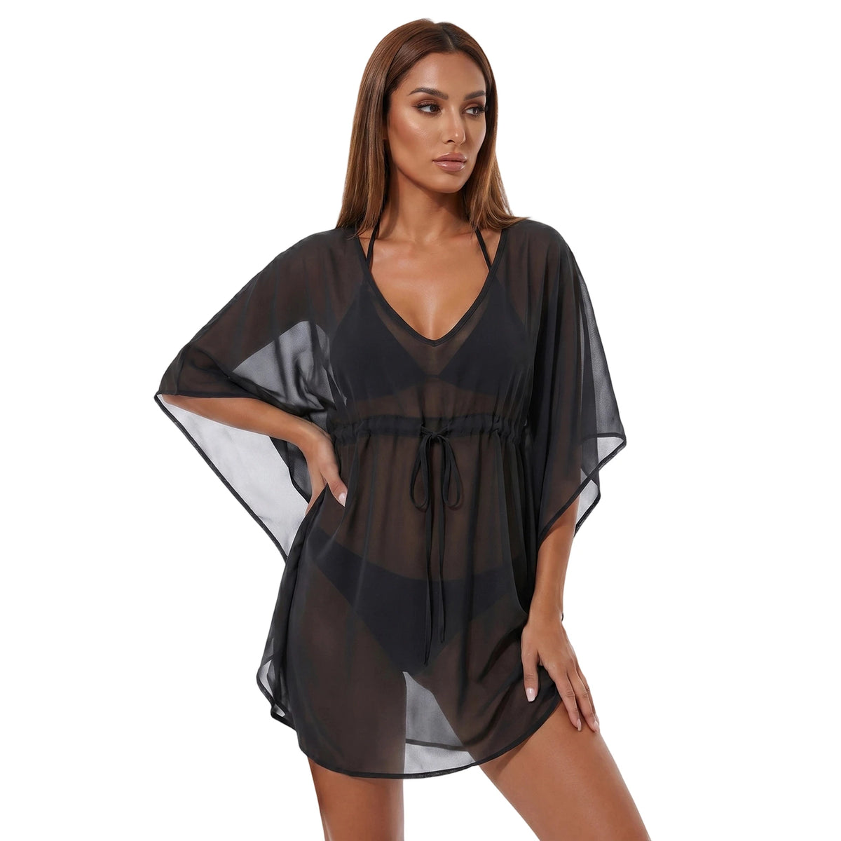Women Mesh Sheer Swimwear Cover-ups Loose Fit Solid Color Short Sleeve Mini Dress for Beach Pool Casual Bikini Cover Ups Summer