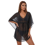 Women Mesh Sheer Swimwear Cover-ups Loose Fit Solid Color Short Sleeve Mini Dress for Beach Pool Casual Bikini Cover Ups Summer