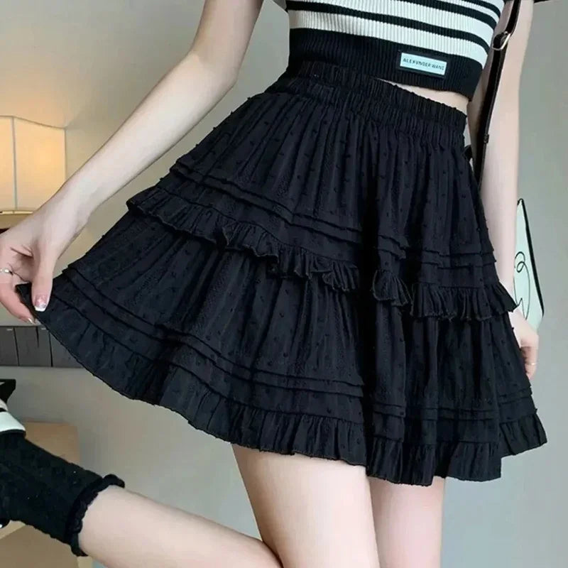 Sweet Cute Lace Mini Skirt Women Kawaii White Ruffles Pleated Short Skirts Woman 2025 Summer Korean High Waist A Line Skirts