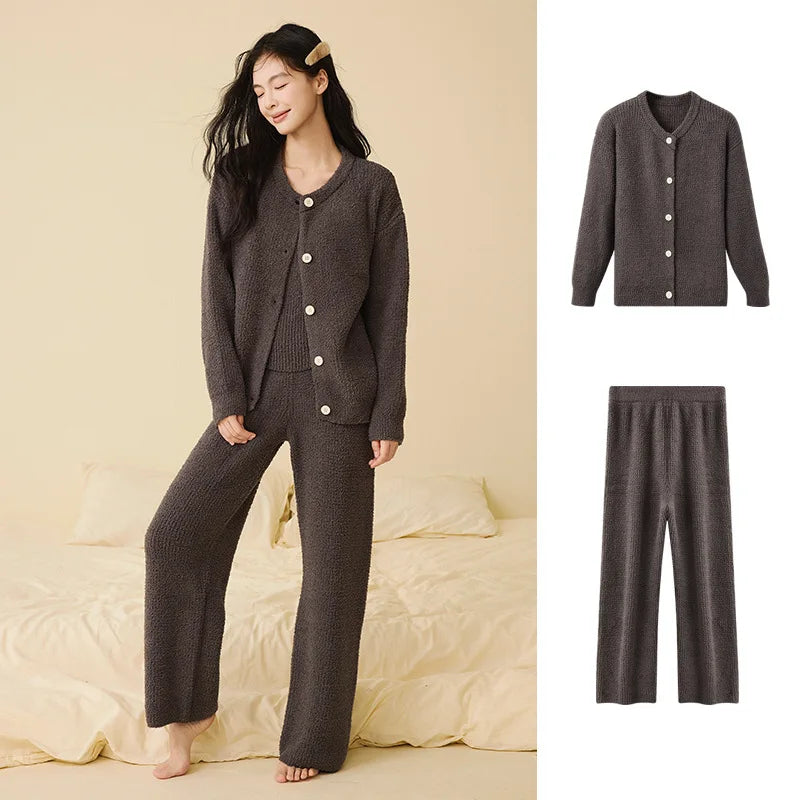 Women Autumn Winter Korean Style 3 Piece Camisole Pajama Set New Soft Half Velvet Elegant Wearable Outside Loungewear Sleepwear