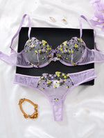 Women's Purple Floral Embroidery Lingerie Set Half Cup Push Up Bra And Thong Sheer Mesh Lace Comfortable Sexy Underwear ZA824026