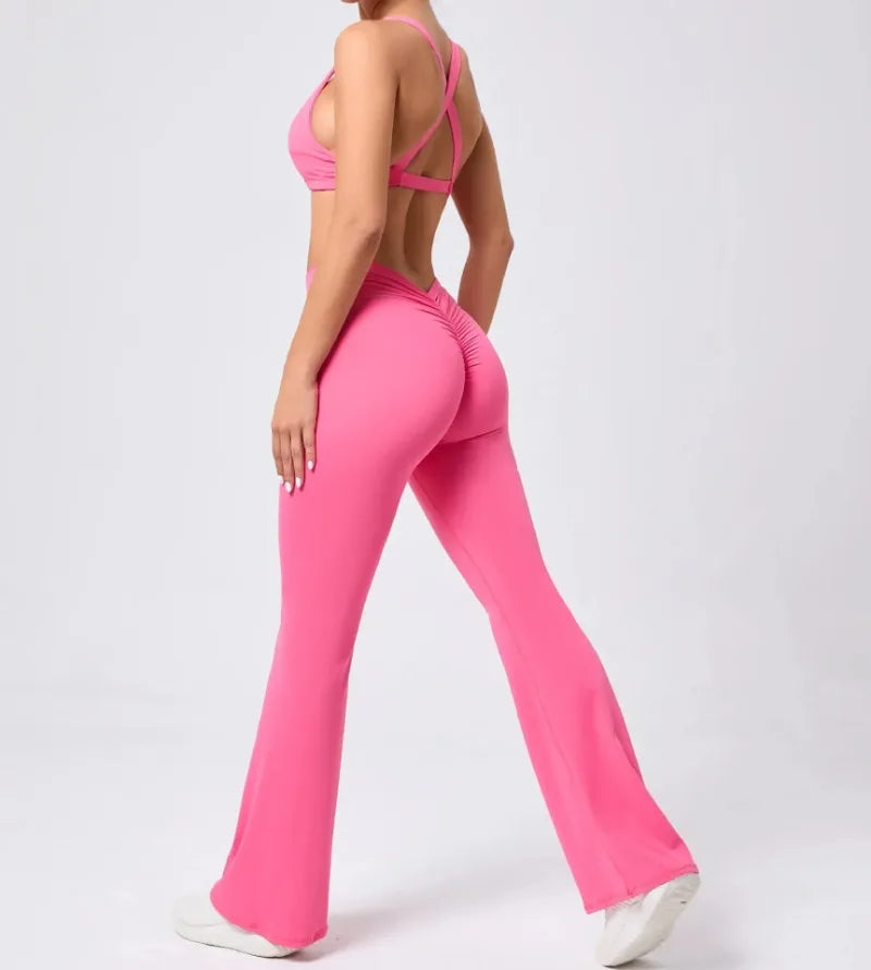 Women's Seamless Yoga Sets Brushed Fabric Flared Hip-Lifting Pants Cross Beauty Back Bra Suits Gym Workout Fitness Training Sets