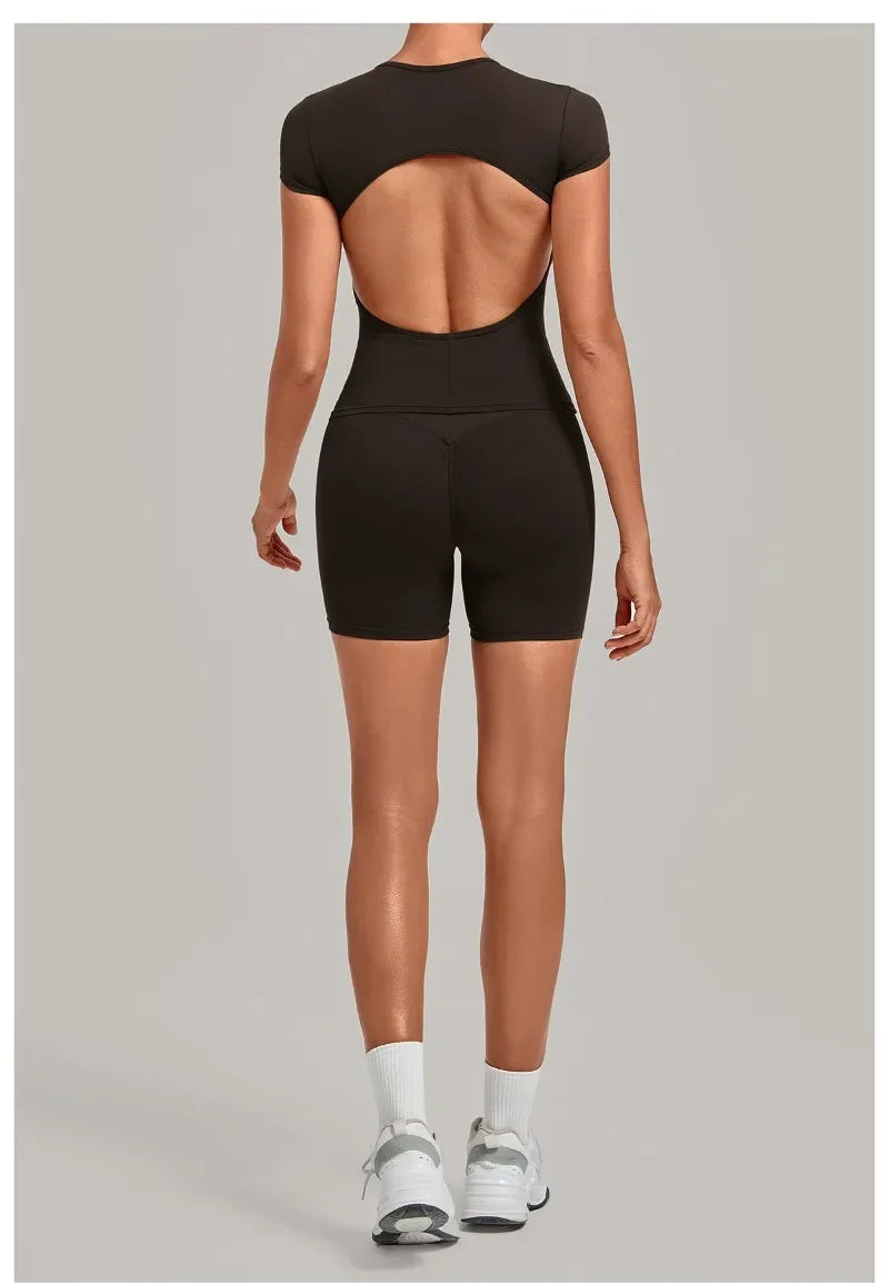 Women's Seamless Yoga Sets Sports Fitness Workout Hip-lifting High Waist Shorts Backless Short-sleeve Vest Suit Gym Training Set