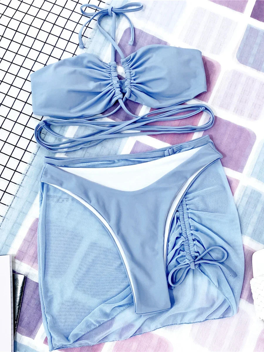 Wrap Around with Mesh Sarong Skirt Bikini Female Swimsuit Women Swimwear Three-pieces Bikini Set Beachwear Bathing Suit Swim