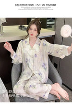 Spring and summer new Chinese style pajamas, ice silk long sleeves, large size home clothes set, retro buckle home clothes