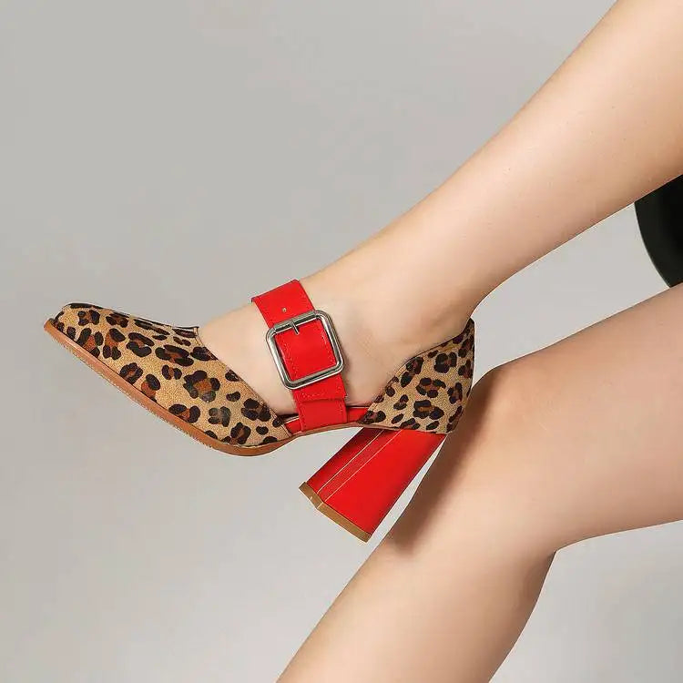 SpringAutumn New Model Fashion High Heels Nude Shoes Color Blocking Pointed Tip Buckle Leopard Print Sexy Party Women's Shoes
