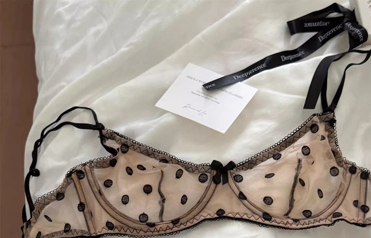 French Style Polka Dot Bra & Thong Set | Retro Sexy Lace Lingerie, Ultra Thin Sheer Netting for Big Bust & Plus Size MOYISU Bras