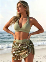 Sexy Green Leopard Print Mesh Skirt 3 Piece Bikini Set 2026 Women Push Up Bra High Waist Swimsuit Beach Bathing Suit Swimwear