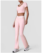 Summer Quick Drying Yoga Sets Women Black Patchwork Short Sleeve Cross Neck Sports Top High Waist Flared Pants Fitness Suits