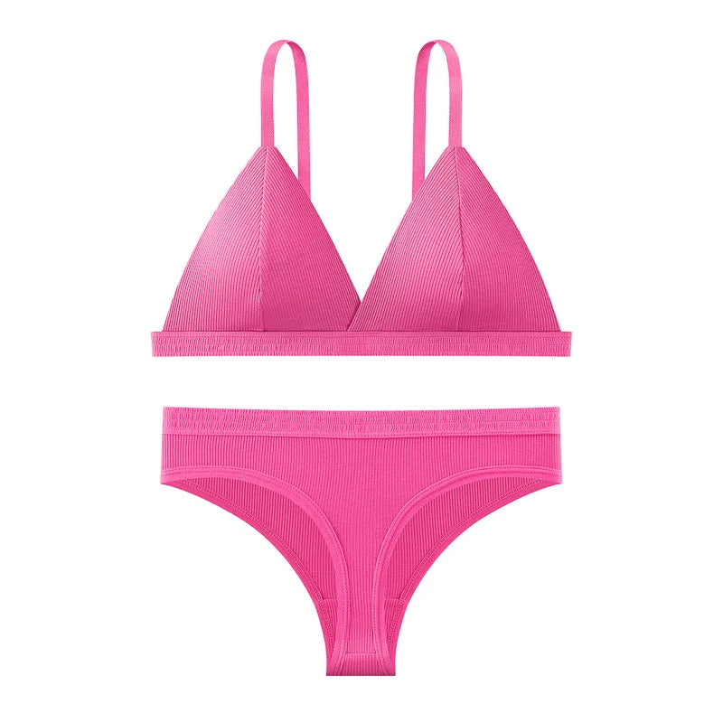 Women Cotton Bra and Panties Set Wireless Push-Up Bra Low-Waist Thongs G-string Sexy Lingerie Women's Breathable Underwear Set