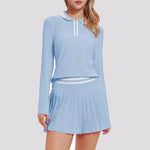 VITALINOVO Tennis Skirt Sets for Women Zipper Color Block Shirts High Waisted Golf Polo Two Piece Skirt Set Women 2 Piece Outfit