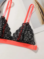 Women Contrast Strap Lace Lingerie Set Deep V Bralette & Thong 2 Pieces Sexy See Through Floral Lace Intimate Underwear C3075