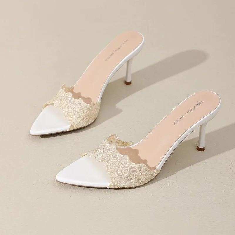 French champagne lace embroidered pointed high-heeled slippers women's versatile sexy celebrity fish mouth stiletto sandals