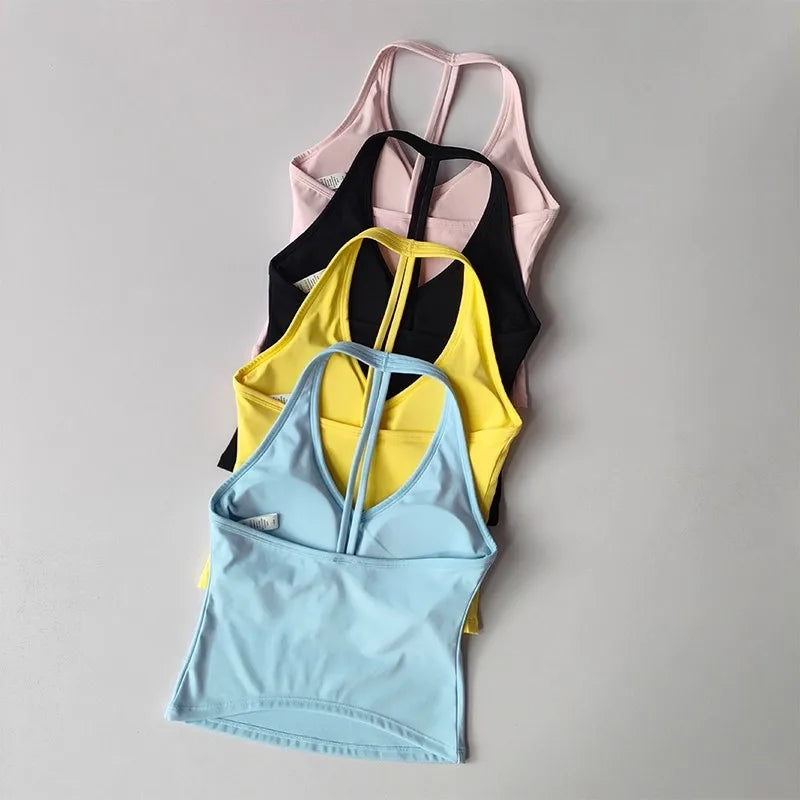 Women's Summer V-Neck Yoga Sports Vest Hanging Back Neck Design Outdoor Running Training Gathered Fit Active Wear Top