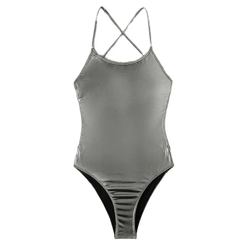 2026 New Silver Shiny Leather One Piece Swimsuit Women,U-neck Suspender Bikini,cross Strape Backless Monokini Summer Beachwear