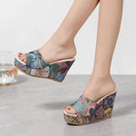 2026 Peep Toe Women's Slippers Fashion Print Wedges High Heels Shoes Casual Slippers Women Summer