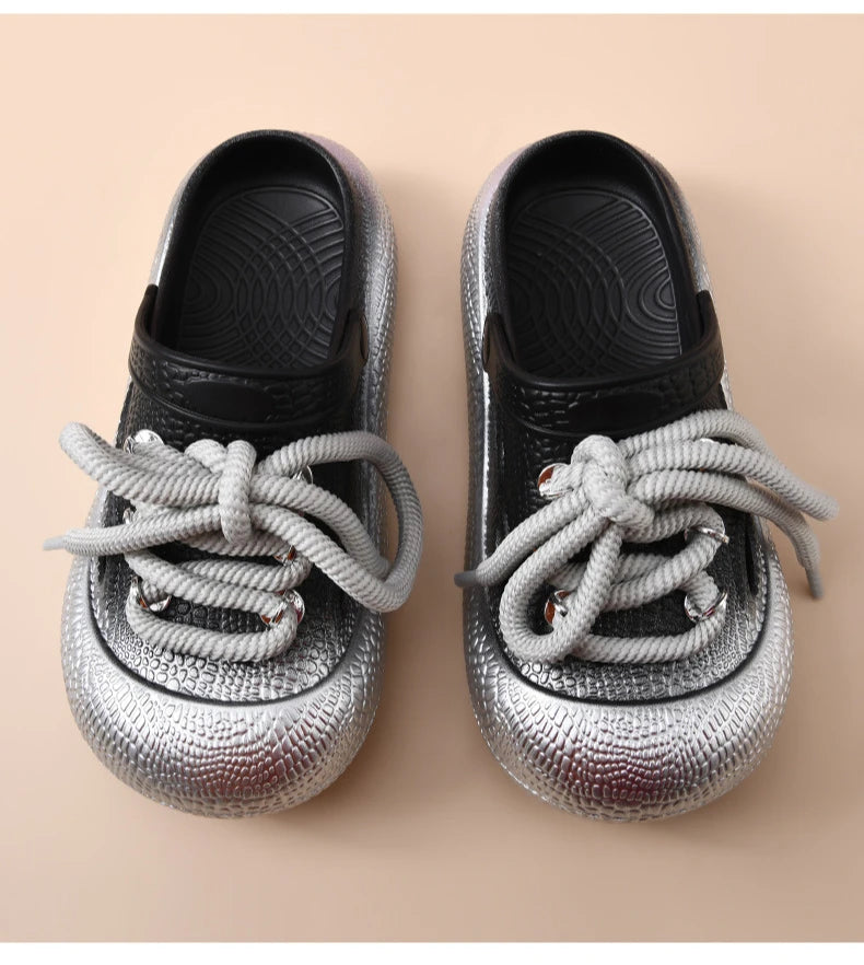 Plus Size Summer Platform Sandals For Women Men Home Street Garden Shoes Lace-up Style Silver Gold Clogs Couples Beach Slippers