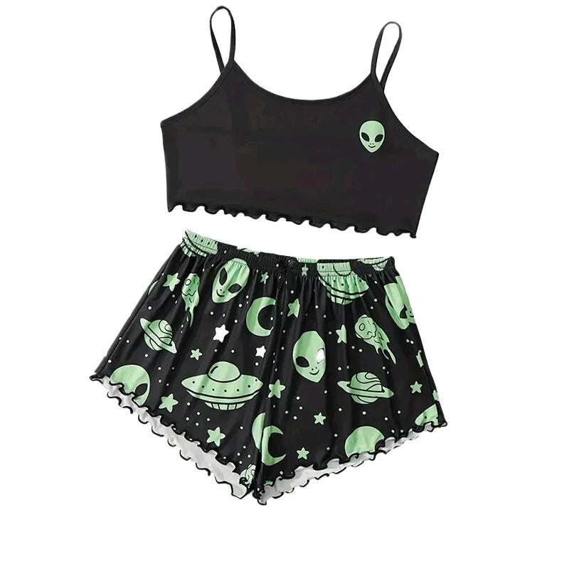 Summer Sleepwear Women Pajamas Set Alien Pattern Printed Sports Camisole Tops and Shorts Casual Loungewear