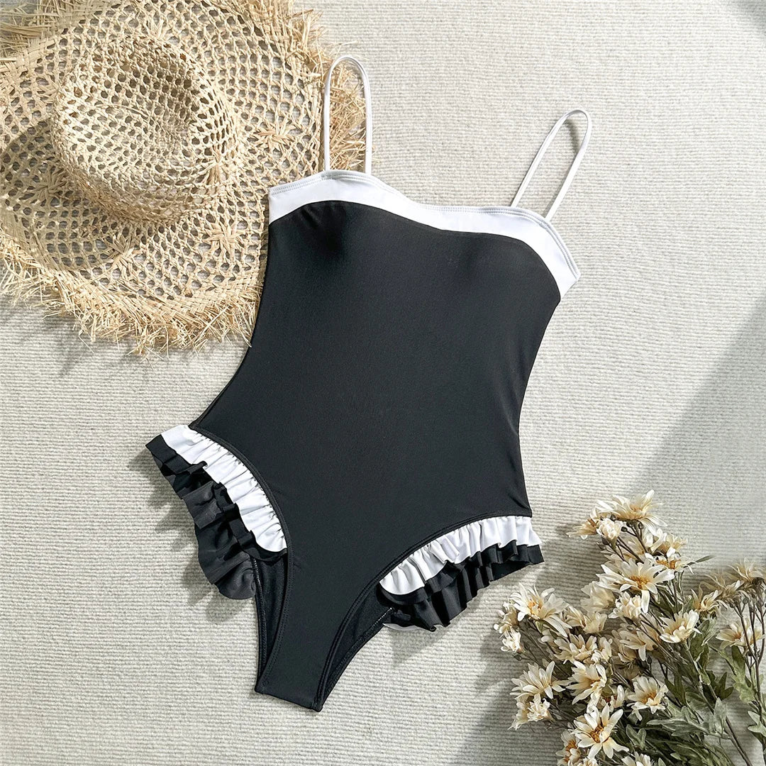 Ruffled Frilled Splicing One Piece Swimsuit Women Swimwear Female Monokini High Leg Cut Padded Bather Bathing Suit Swim V7414
