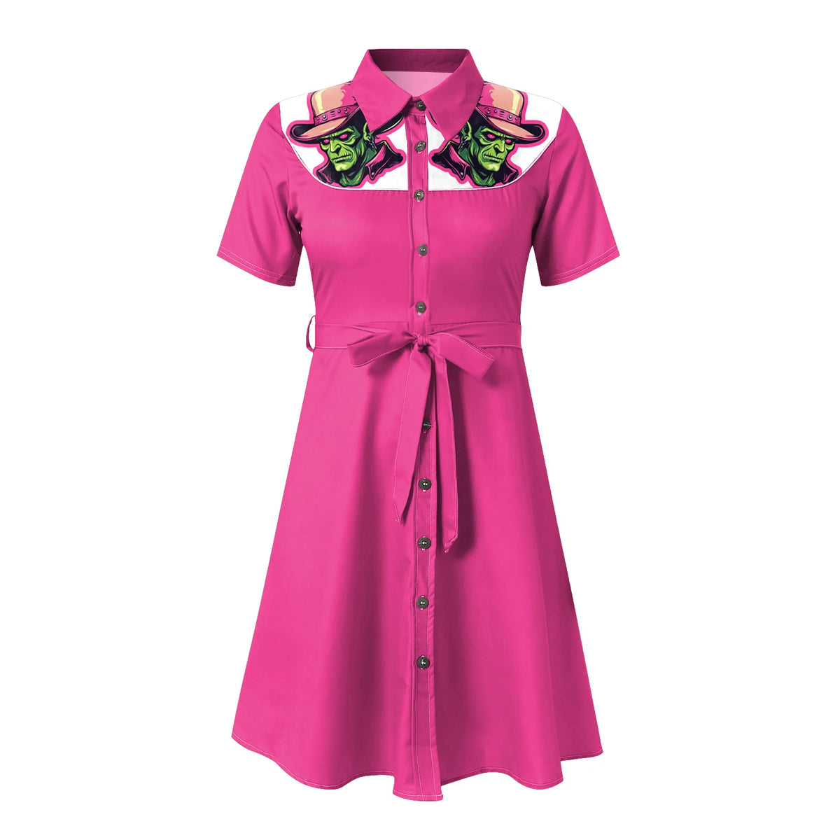 Western Cowgirl Printed Dress Halloween Cosplay Costume Summer Cowboy Button-Down Dress Short Sleeves 100% Cotton Sexy Dress