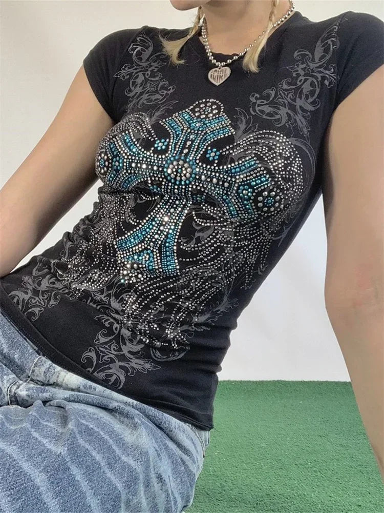 Women Summer T-shirt Rhinestone Retro Print Short Sleeve Round Neck Slim Fit Tee Tops Gothic Punk Shirts