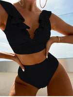 Solid Color Sexy V-neck Ruffle Bikini 2026 Women 2 Piece Swimwear Push Up Padded High Waist Swimsuit Summer Beach Bathing Suit