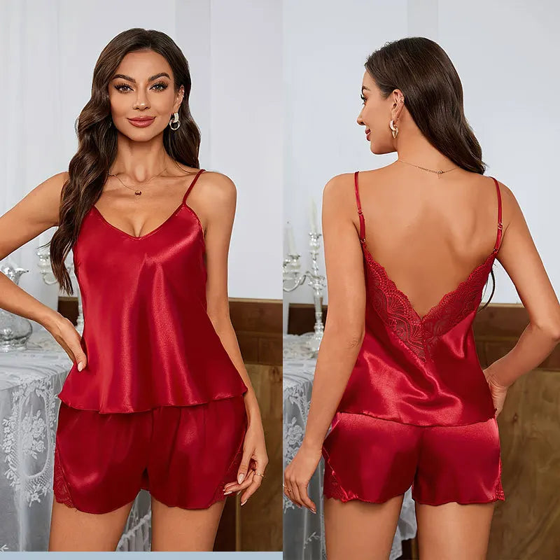 Women Summer Sexy Pajamas Set Backless Deep V Sleepwear Lace Satin Comfortable Short Sleeve Cami Shorts Set