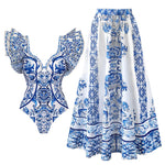 2025 New 2-Piece Shoulder Ruffle Swimsuit With Cover Up Sexy Women Swimwear Push Up Biquini Bathsuit Bodysuit Beachwear Dress
