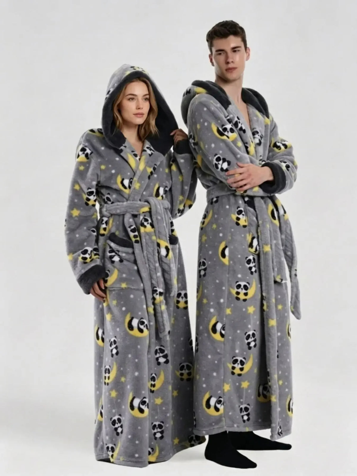 Winter Hooded Flannel Bath RobeCouples Loose Fit Animal Fruit Multi Print Long Loungewear Robe with Belt Double Side Pockets
