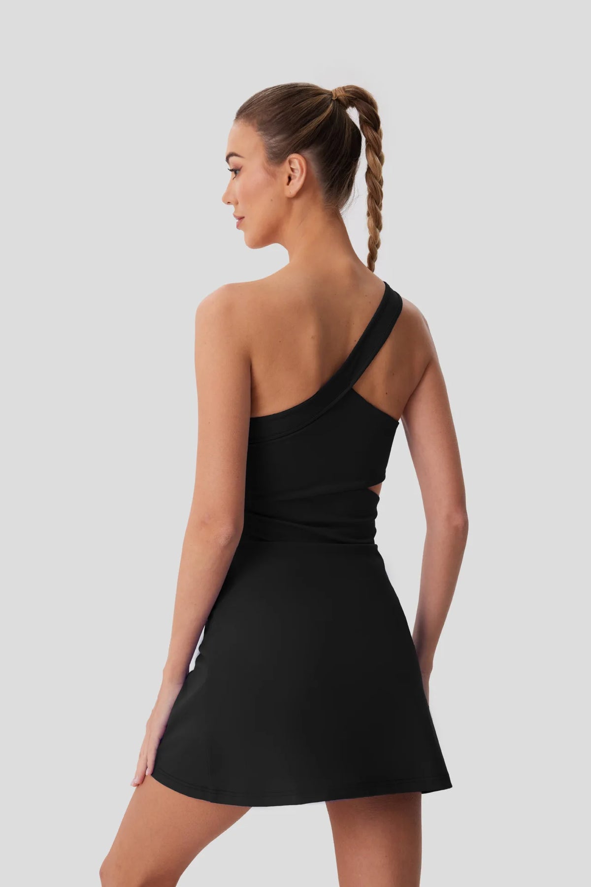 Sexy Hollow Waist Tennis Dress Women One Shoulder Pleate Sleeveless Built in Bra with Inner Separate Shorts Yoga Golf Dresses