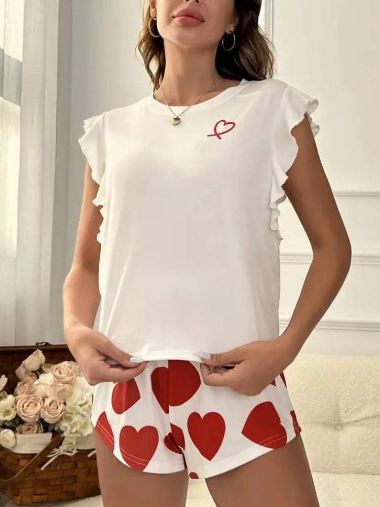 Summer Sleepwear Casual Heart Print Tops and Shorts Set Women's Pajama Sets Home Clothes Breathable Comfortable Loungewear