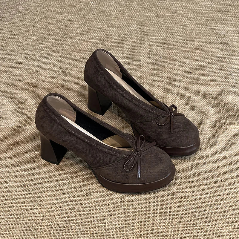 Spring Autumn Platform Mary Jane Shoes Women Thick High Heels Shoes Vintage Slip on Butterfly-knot Pumps 2026 New