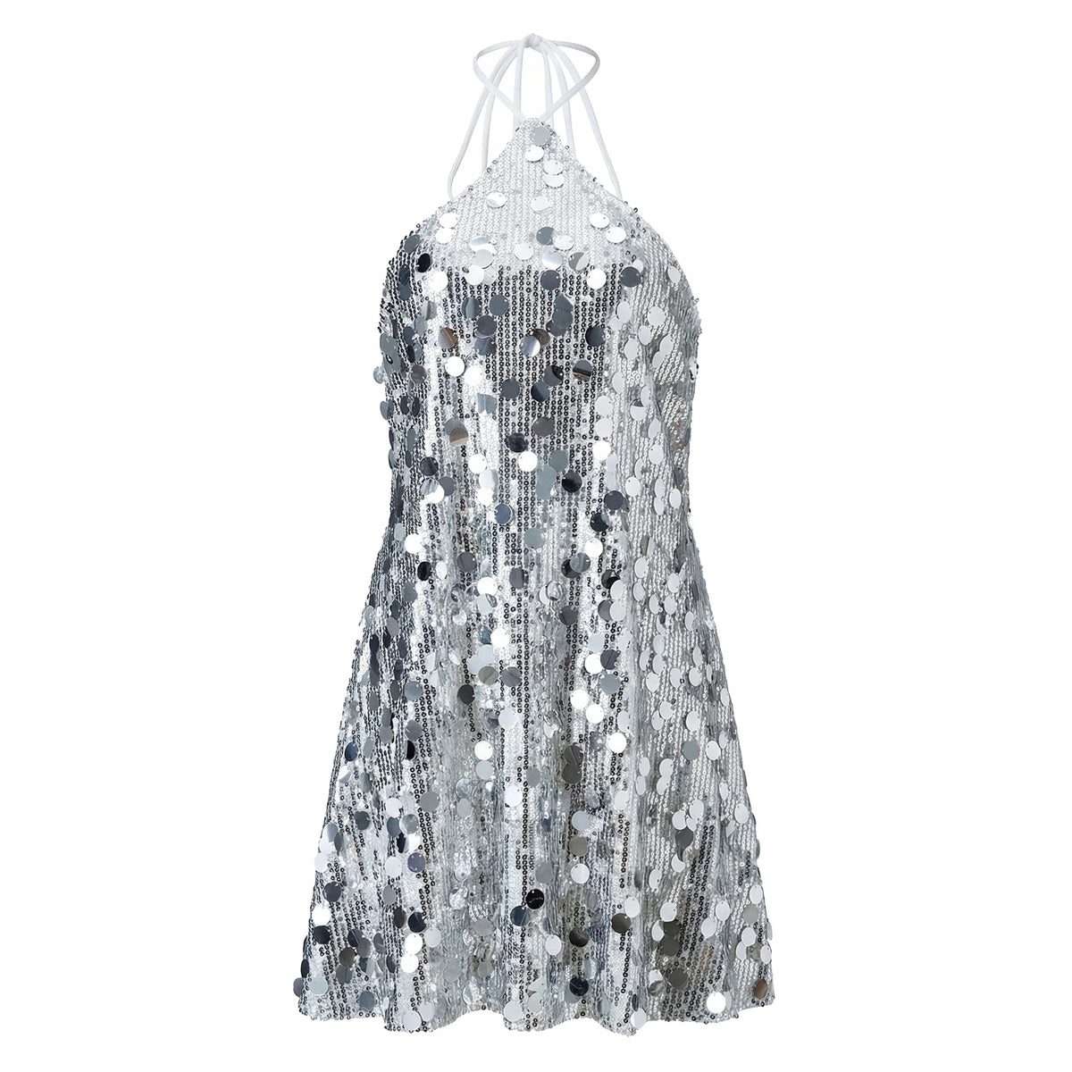 Women Summer Mini Dress Sparkly Sequin Sleeveless Halter Backless Slip Dress for Evening Party Date Night Streetwear