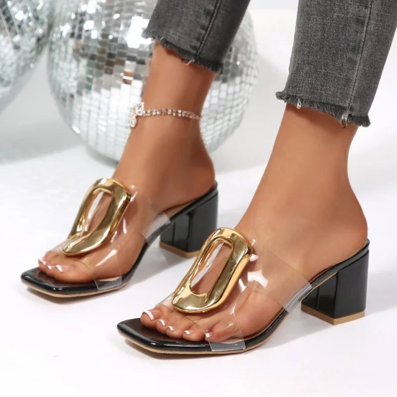 Novelty Strange Clear Heel Slippers Women Metal Decoration High Heel Slide Sandals Summer Transparent