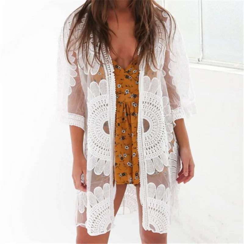 DEKA New Beach Cover-up Swimsuit Lace Hollow Crochet Beach Bikini Cover Up 3/4 Sleeve Women Top Swimwear Beach Dress Tunic Shirt