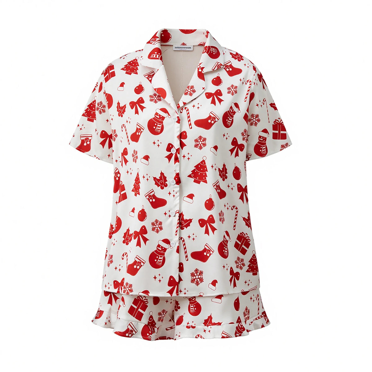 Women 2 Pieces Christmas Pajamas Sets V Neck Short Sleeve Christmas Themed Print Tops and Drawstring Waist Shorts Satin Suits