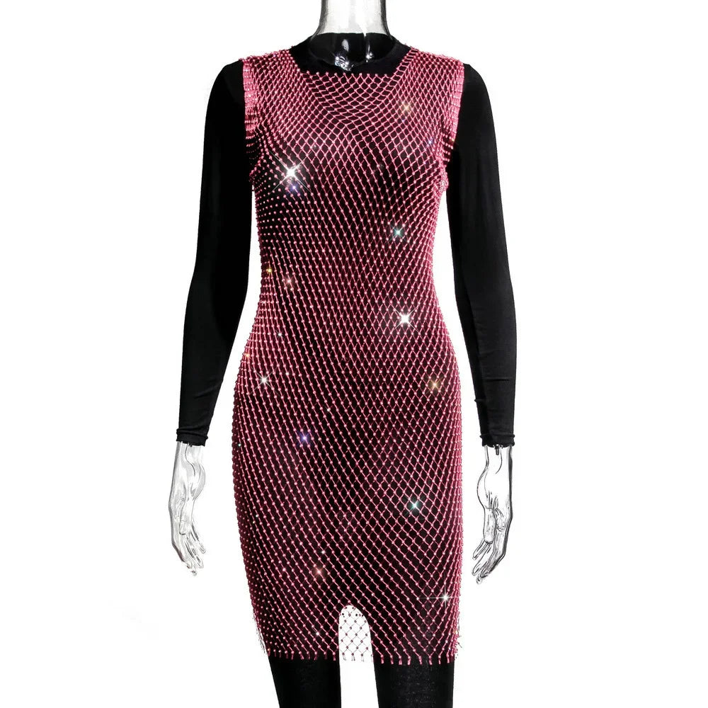 XS-2XL 15 Colors Rhinestones Fishnet Dress O-Neck Grid Swimsuit Bikini Cover Up Beach Pool Party Cover-ups for Swimwear Women