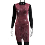 XS-2XL 15 Colors Rhinestones Fishnet Dress O-Neck Grid Swimsuit Bikini Cover Up Beach Pool Party Cover-ups for Swimwear Women