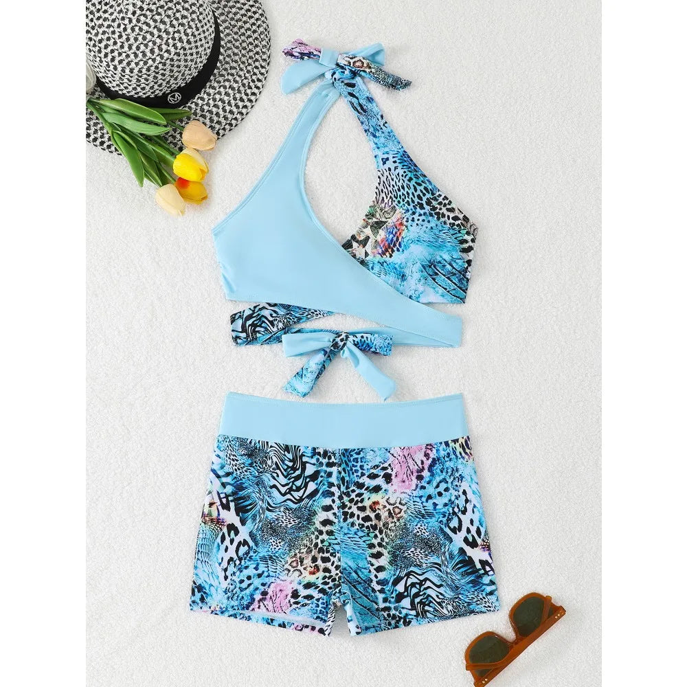 Sexy High Waist Bikini Shorts 2026 Women Swimsuit Blue Halter Swimwear Female Bikinis Set Print Bathing Suits Brazilian Biquini