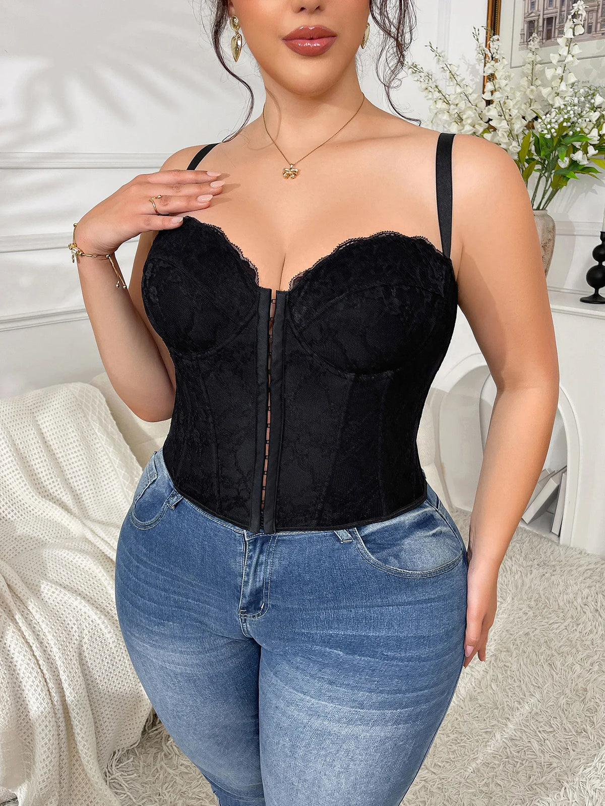 New Plus Size Sexy Push-Up Versatile Bra Lace Fishbone Bralette Camisole Backless Deep V Suspenders Sleeveless Elegant Vest FGDY