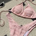 Sexy Knitted Hollow Handmade Crochet Bikini Set Women Pink Bandage Criss Cross Micro Swimsuit Bathng Suit Thong Swimwear