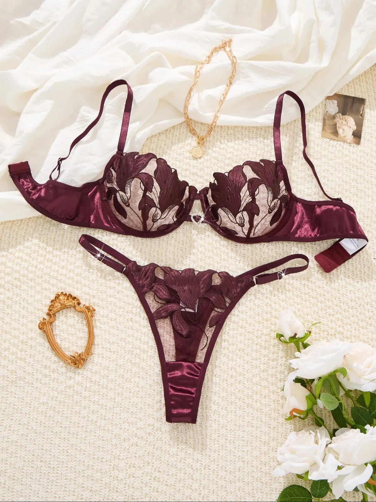 Burgundy Floral Embroidery Satin Lingerie Set Sheer Mesh Underwire Bra & Thong Women Sexy Underwear ZA824031
